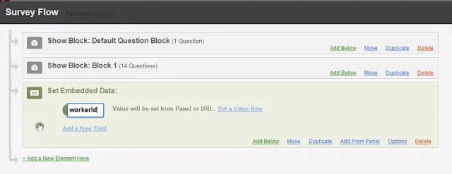 Screenshot showing how to type 'workerId' into the embedded data field in Qualtrics