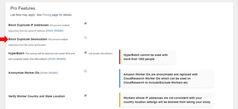 Screenshot of CloudResearch's Block Suspicious Geolocations tool interface showing the option to block submissions from suspicious locations