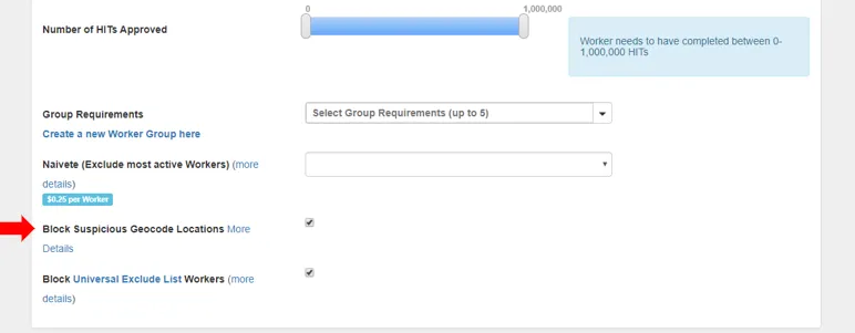 Screenshot of CloudResearch's Block Duplicate Geolocations tool interface in the Pro Features tab showing settings to limit submissions from any single location