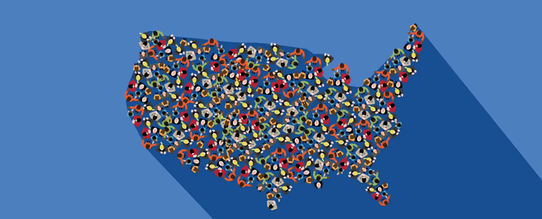 Illustration of the United States map composed of diverse people silhouettes, representing demographic sampling and population diversity for research studies