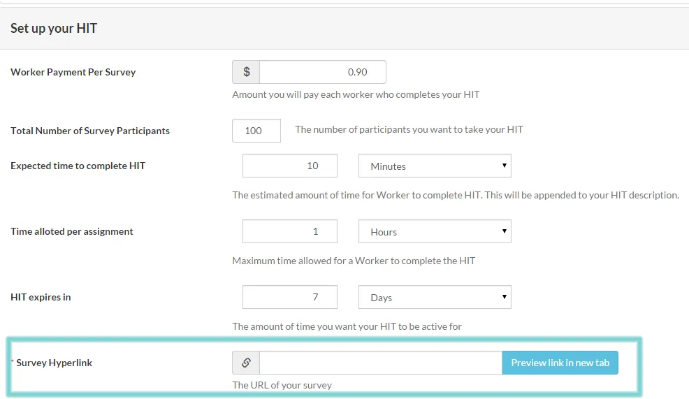 CloudResearch Design Survey form showing the Survey Hyperlink field