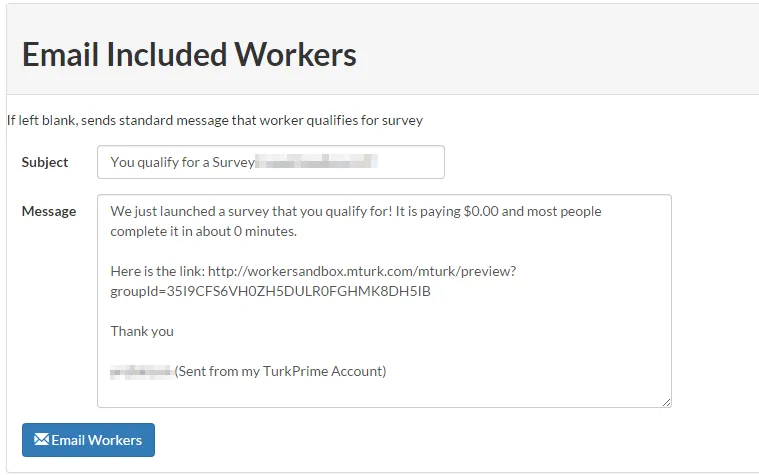 Screenshot of TurkPrime's email notification interface showing a form where researchers can craft a custom message to send to workers, including fields for the email subject and body