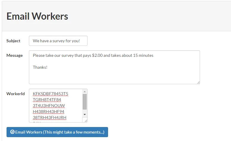 Screenshot of TurkPrime's 'Email Workers' interface showing a form where researchers can manually enter Worker IDs and craft a message to send to specific participants