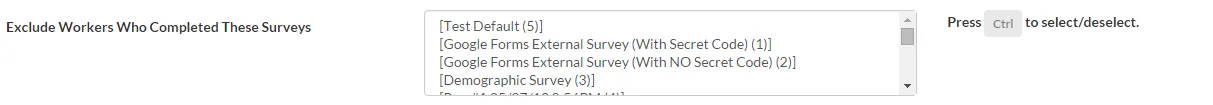 Screenshot of TurkPrime's interface for selecting previous HITs to exclude workers who participated in those studies