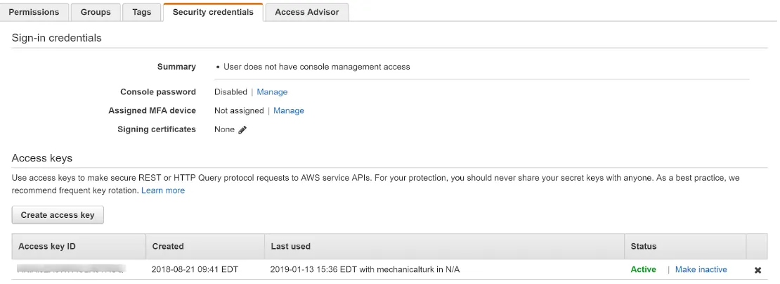 Screenshot of AWS Security Credentials tab showing access keys and the Create Access Key button