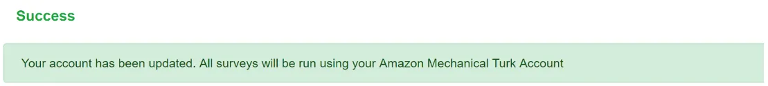Screenshot of CloudResearch success message confirming that Amazon credentials have been updated successfully