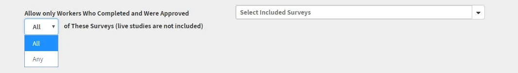 Screenshot of CloudResearch's Worker Requirements interface showing the Include Workers option where researchers can select previous studies that participants must have completed to be eligible