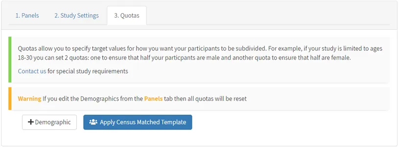Screenshot of Prime Panels' Quotas page highlighting the 'Apply Census Matched Template' button that automatically sets demographic quotas proportional to U.S. Census data