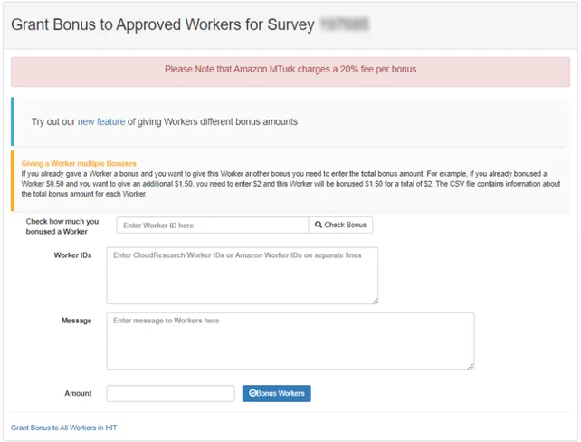 Screenshot of the Grant Bonus page with fields for Worker IDs, bonus amount, and message