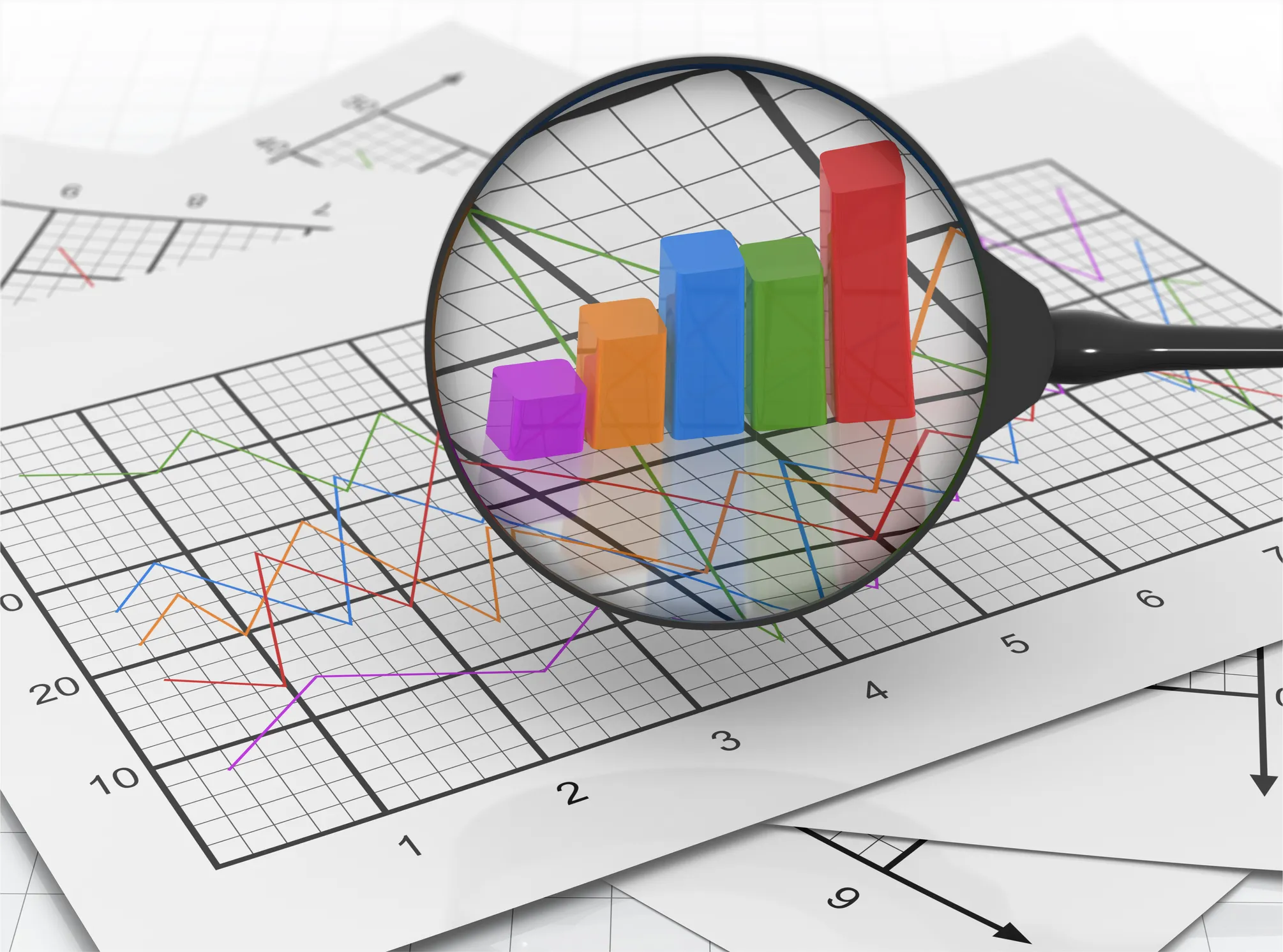 Magnifying glass examining colorful 3D bar charts, representing critical analysis of polling data and the common methodological mistakes in survey research