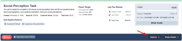 Dashboard study options menu showing actions that can be performed on a live study, including manage submissions, grant bonuses, edit study, and email workers