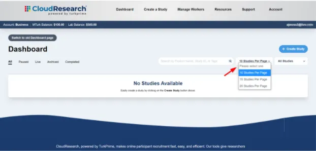Dashboard dropdown menu showing options to display different numbers of studies per page (10, 20, 50, or 100)