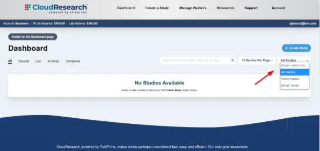Dashboard filter tabs showing options to filter studies by platform: MTurk Toolkit or Prime Panels