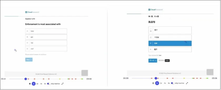 Screenshot showing a respondent translating survey questions from English to Chinese, which is detected by CloudResearch's Sentry vetting system