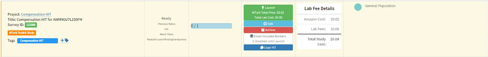 CloudResearch study dashboard showing the newly created Compensation HIT at the top of the list