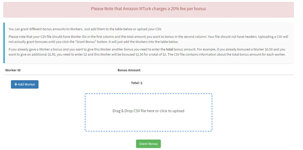 Drag and drop field where you upload the CSV file containing worker IDs and bonus amounts