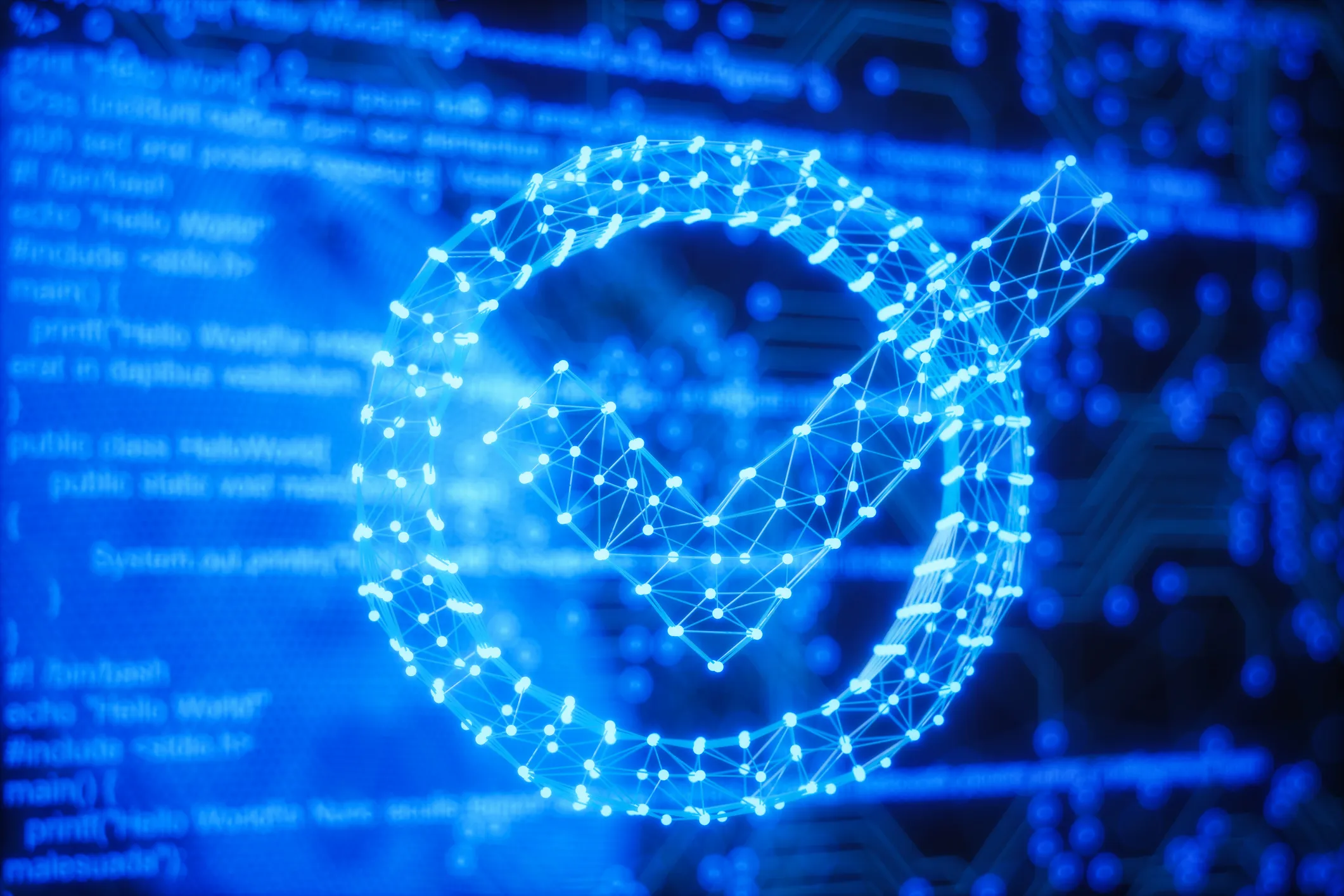 Conceptual illustration of data quality verification showing a check mark icon against a background of connected triangles, lines, and dots forming a network pattern, representing CloudResearch's validation system for MTurk participants