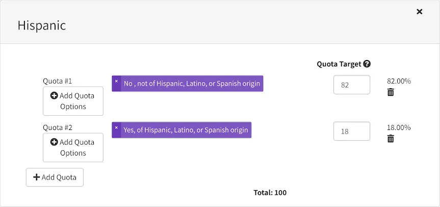 Screenshot of Prime Panels' Hispanic/Latino quota settings showing the percentage distribution between Hispanic/Latino and non-Hispanic/Latino populations based on U.S. Census data