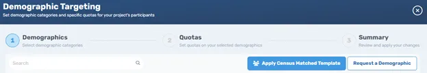 Screenshot of Connect's census matching feature showing a simple button interface to enable representative sampling