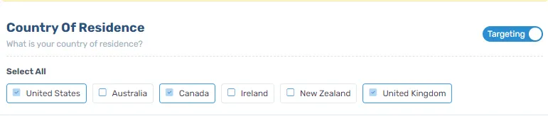 Connect platform country targeting interface showing checkboxes for selecting specific countries including Australia, Canada, Ireland, New Zealand and United Kingdom
