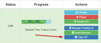 Screenshot of TurkPrime's dashboard highlighting the Copy HIT feature that allows researchers to duplicate study settings and automatically exclude previous participants when moving from pilot to full study