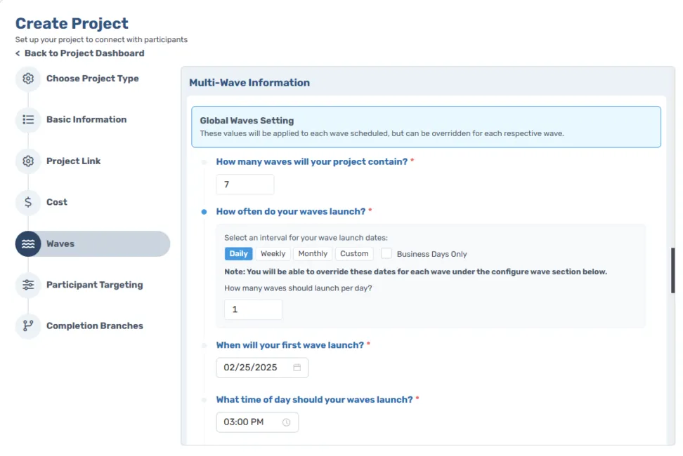 Screenshot of CloudResearch Connect's Waves interface showing the study setup wizard with options for configuring multiple waves of data collection, including timeline settings, participant eligibility, and payment structure