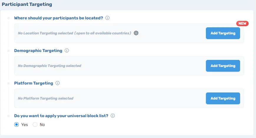 Connect platform targeting interface displaying three main options: Country of residence, Demographics, and Platform targeting with add targeting buttons