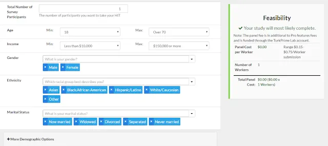 Screenshot of MTurk Panels interface showing available demographic trait selection options