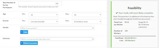 Screenshot showing the panel fee calculation and feasibility estimate for a demographic panel study