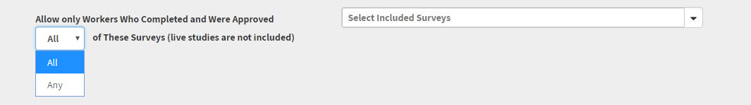 Screenshot of CloudResearch's Worker Requirements interface showing the Include Workers option where researchers can select previous studies that participants must have completed to be eligible